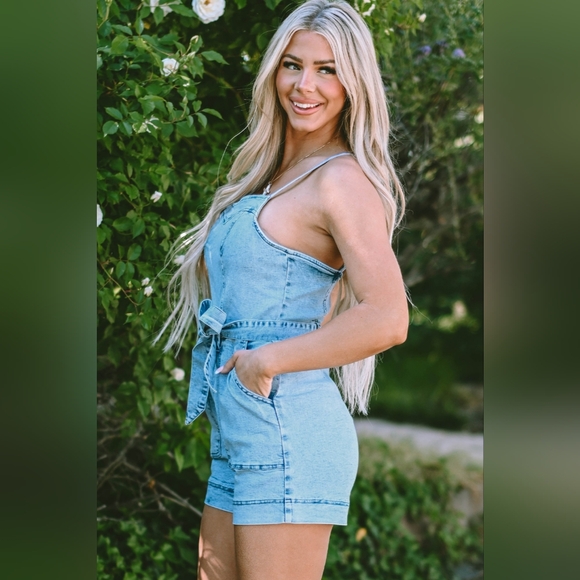 Denim Romper Shorts Sweetheart Sleeveless Belt Pocket Jean One-piece Jumpsuit - Picture 11 of 16